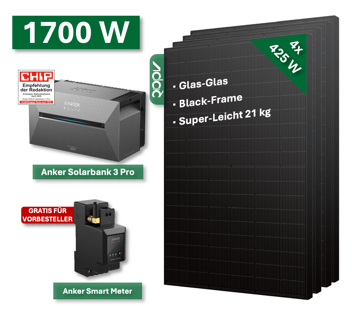 Balkonkraftwerk BASIC+ 1700W/800W mit Anker Solarbank 3 Pro Speichersystem - NeueEnergie24