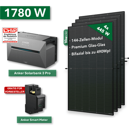Balkonkraftwerk PLATIN+ 1780W/800W mit Anker Solarbank 3 Pro Speichersystem - NeueEnergie24