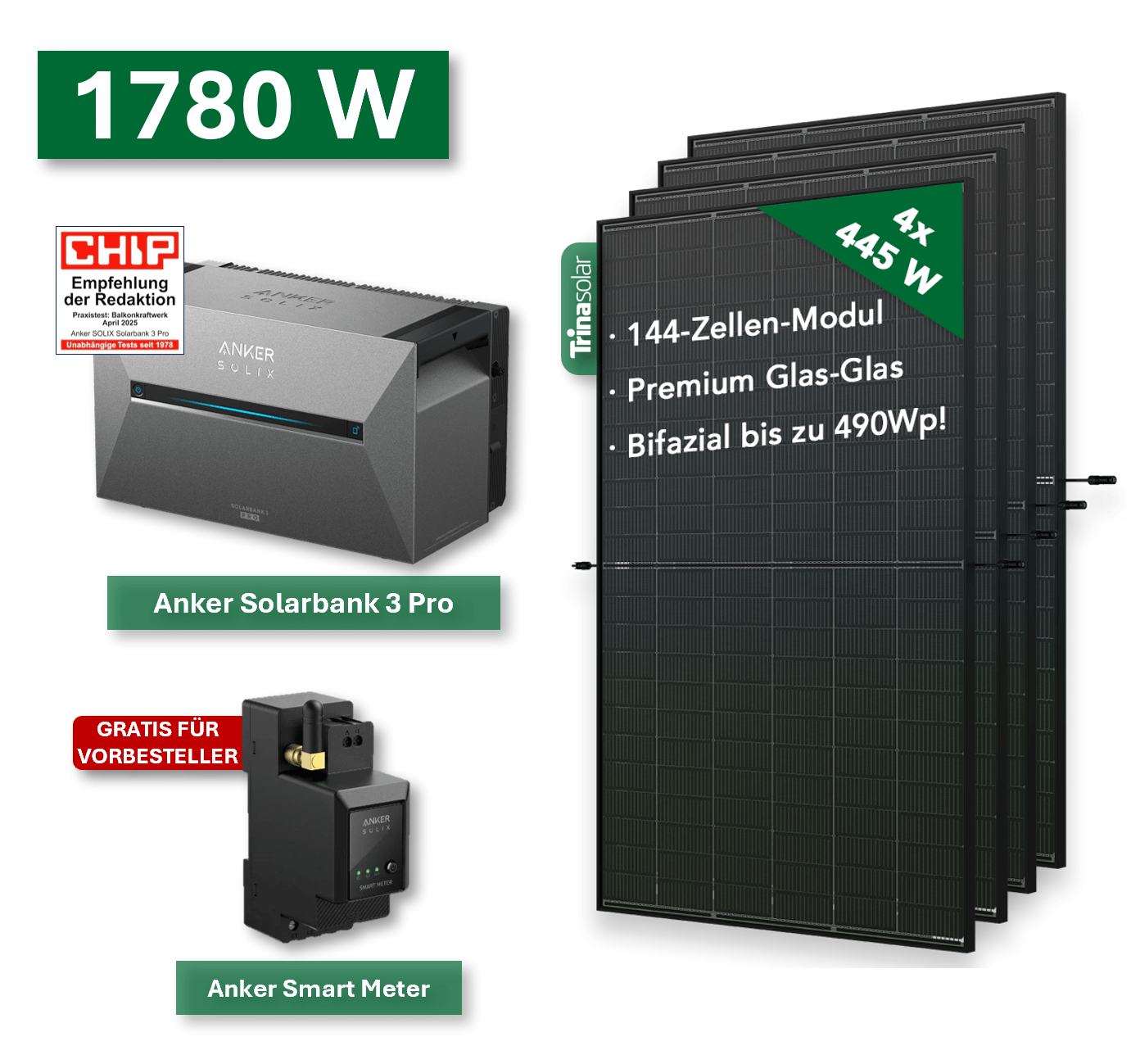 Balkonkraftwerk PLATIN+ 1780W/800W mit Anker Solarbank 3 Pro Speichersystem - NeueEnergie24