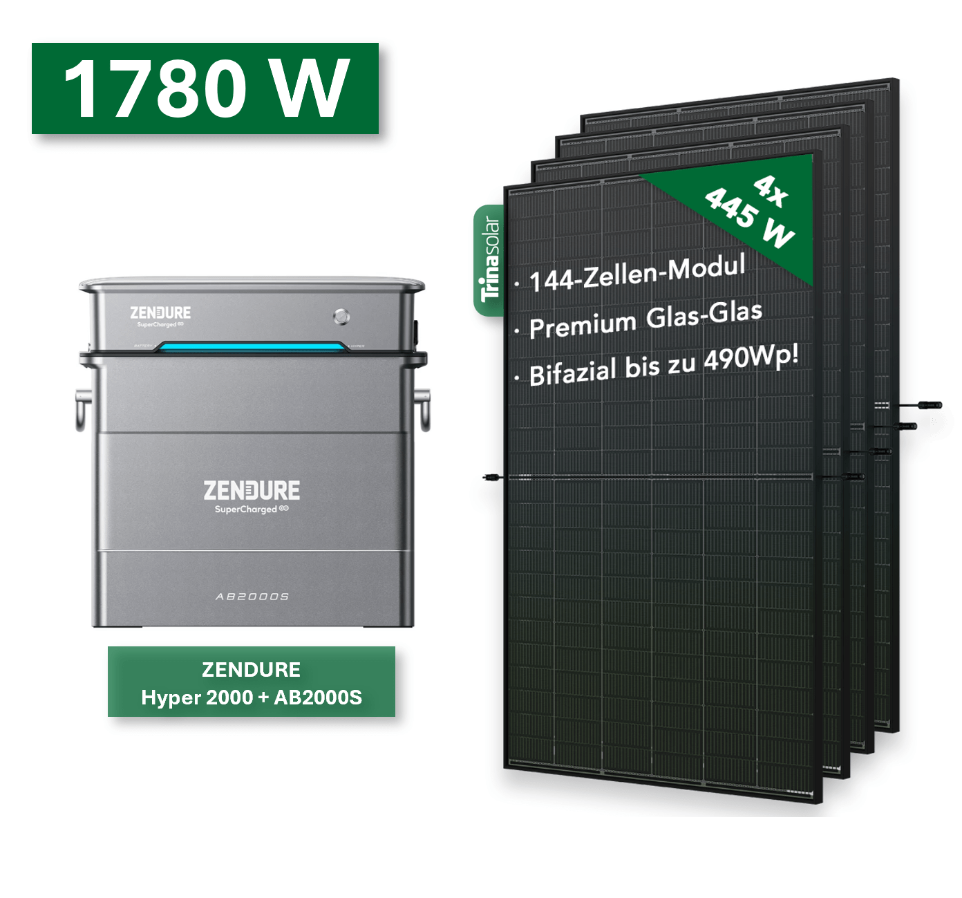 Balkonkraftwerk PLATIN+ 1780W/800W mit Zendure Hyper2000 + AB2000S Set - NeueEnergie24
