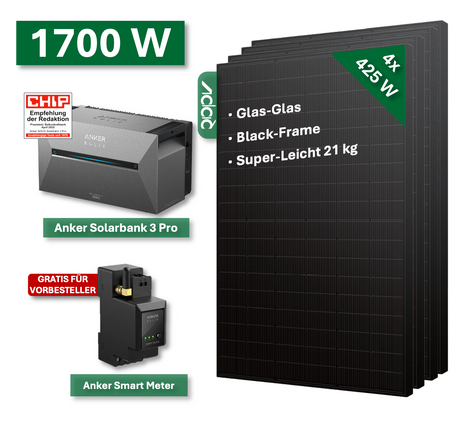 Balkonkraftwerk BASIC+ 1700W/800W mit Anker Solarbank 3 Pro Speichersystem