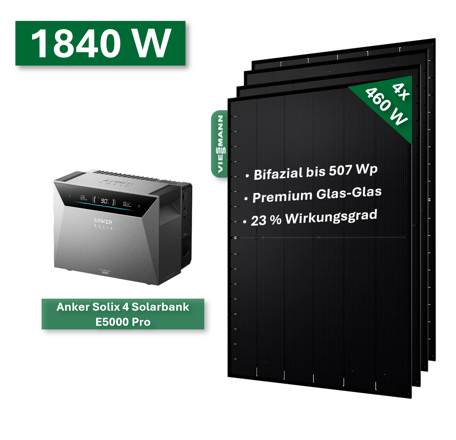 Balkonkraftwerk PLATIN+ 1840/800W mit Anker Solix 4 Solarbank E5000 Pro Speichersystem