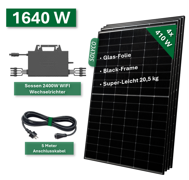 Balkonkraftwerk BASIC+ 1640W/2400W mit Solyco 410W Solarmodulen und Sossen 2400W Wechselrichter