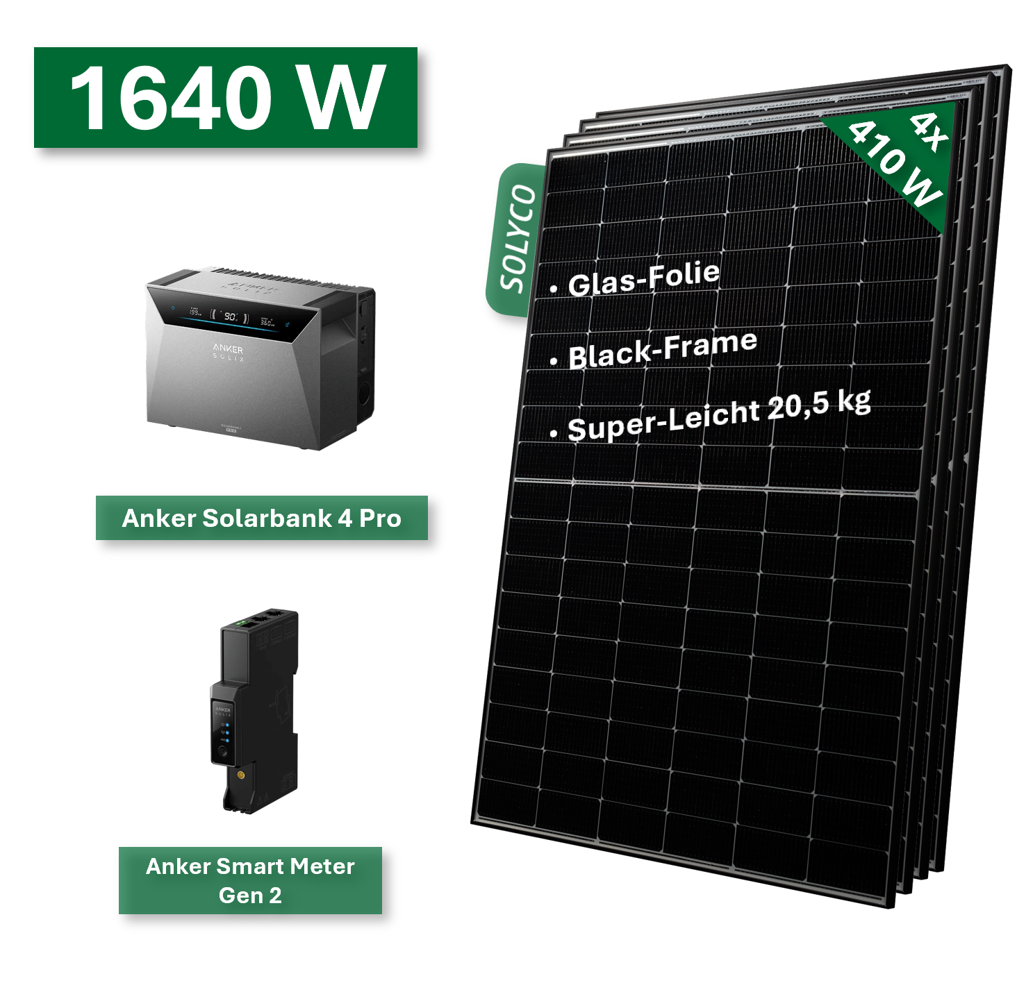 Balkonkraftwerk BASIC+ 1640W/800W mit Anker Solarbank 4 Pro Speichersystem