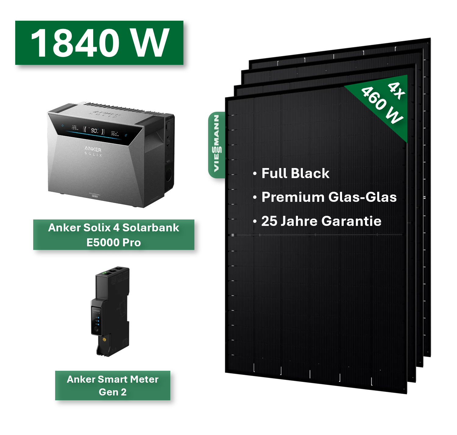 Balkonkraftwerk PLATIN+ 1840/800W mit Anker Solix 4 Solarbank E5000 Pro Speichersystem