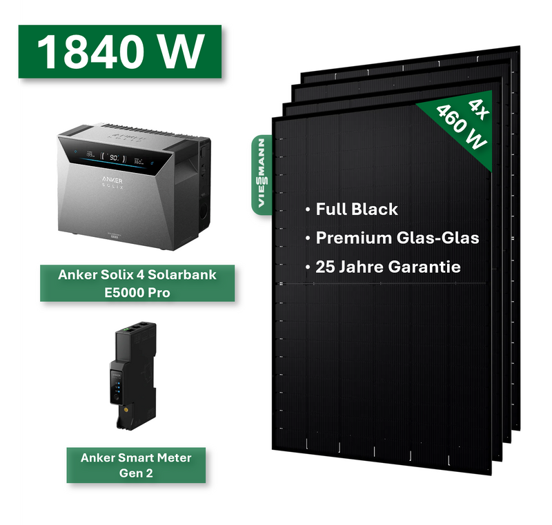 Balkonkraftwerk PLATIN+ 1840/800W mit Anker Solix 4 Solarbank E5000 Pro Speichersystem