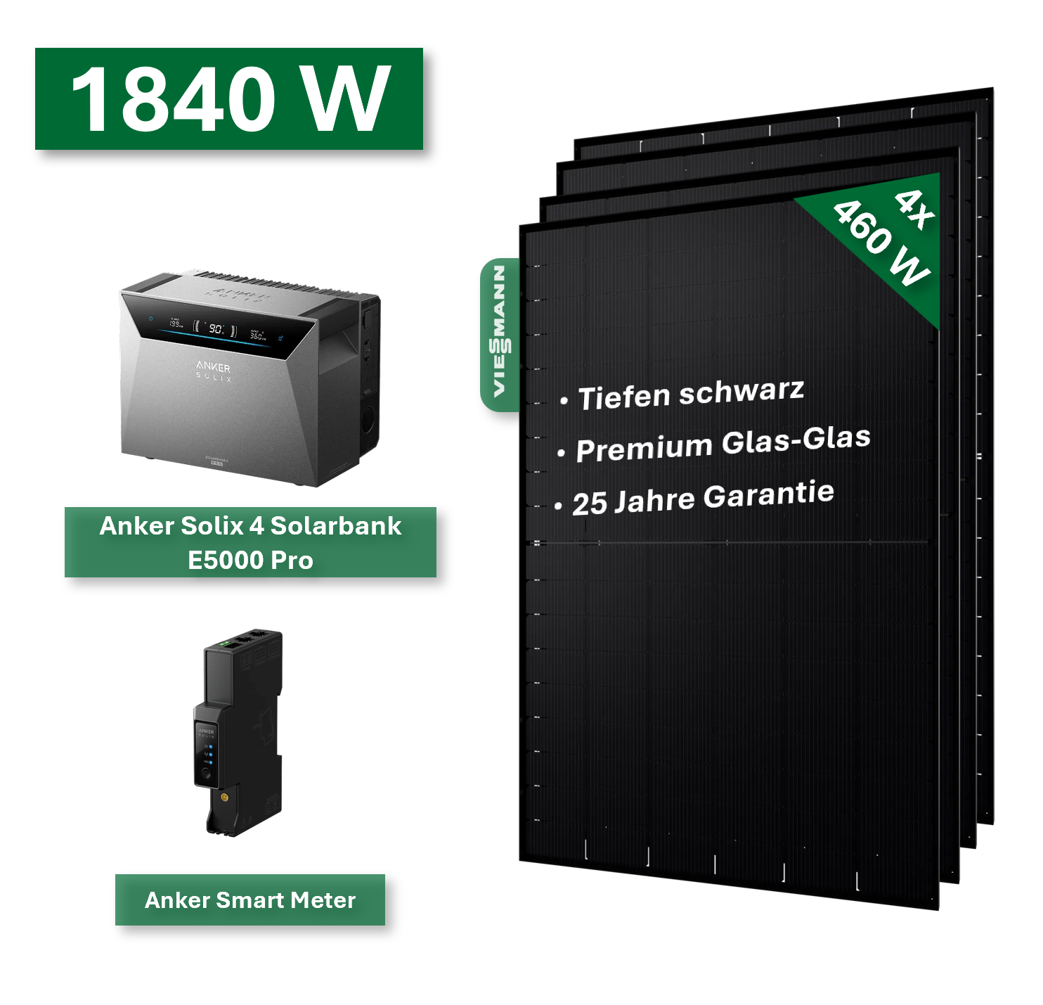 Balkonkraftwerk PLATIN+ 1840/800W mit Anker Solix 4 Solarbank E5000 Pro Speichersystem