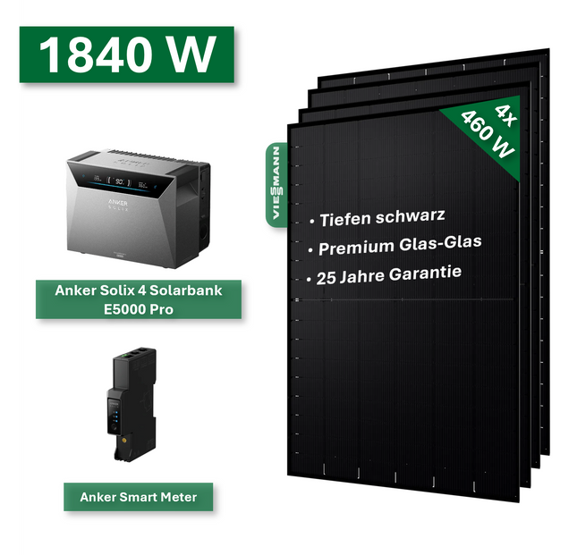 Balkonkraftwerk PLATIN+ 1840/800W mit Anker Solix 4 Solarbank E5000 Pro Speichersystem