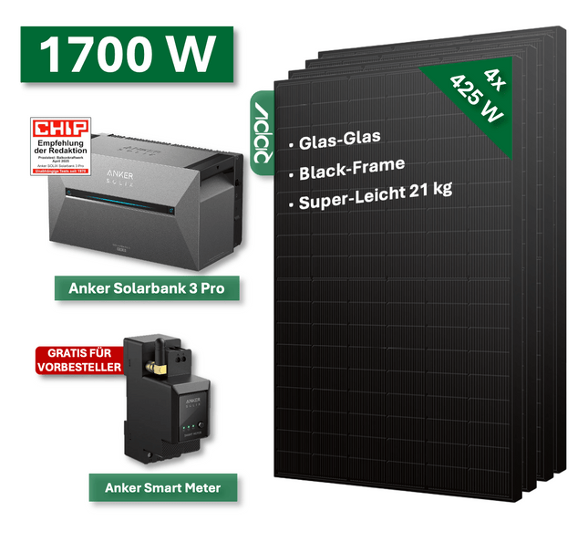 Balkonkraftwerk BASIC+ 1700W/800W mit Anker Solarbank 3 Pro Speichersystem - NeueEnergie24