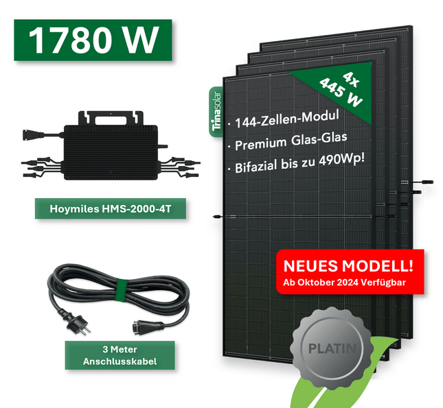 Balkonkraftwerk PLATIN+ 1780W/2000W Trina 445W Bifazial GlasGlas - NeueEnergie24