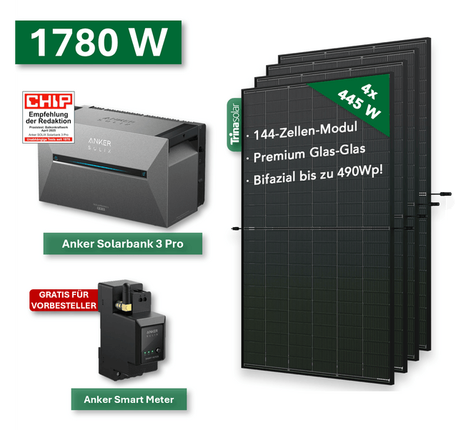 Balkonkraftwerk PLATIN+ 1780W/800W mit Anker Solarbank 3 Pro Speichersystem - NeueEnergie24