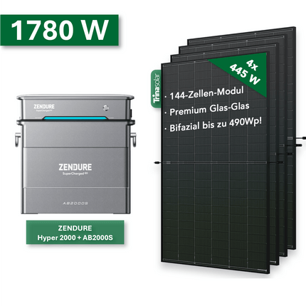 Balkonkraftwerk PLATIN+ 1780W/800W mit Zendure Hyper2000 + AB2000S Set - NeueEnergie24