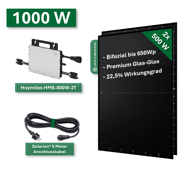 Balkonkraftwerk Pro 1000W/800W - Jolywood 500Wp und Hoymiles HMS800W - 2T - NeueEnergie24