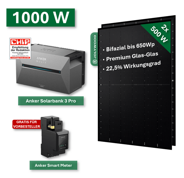 Balkonkraftwerk Pro 1000W/800W mit Anker Solarbank 3 Pro Speichersystem - NeueEnergie24