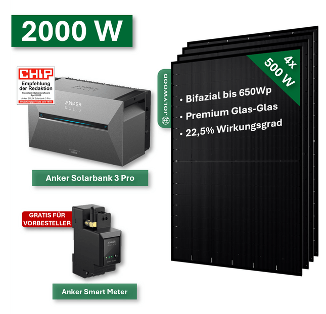 Balkonkraftwerk Pro+ 2000W/800W mit Anker Solarbank 3 Pro Speichersystem - NeueEnergie24