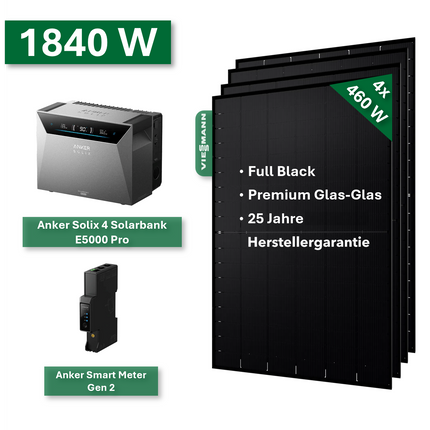Balkonkraftwerk PLATIN+ 1840/800W mit Anker Solix 4 Solarbank E5000 Pro Speichersystem