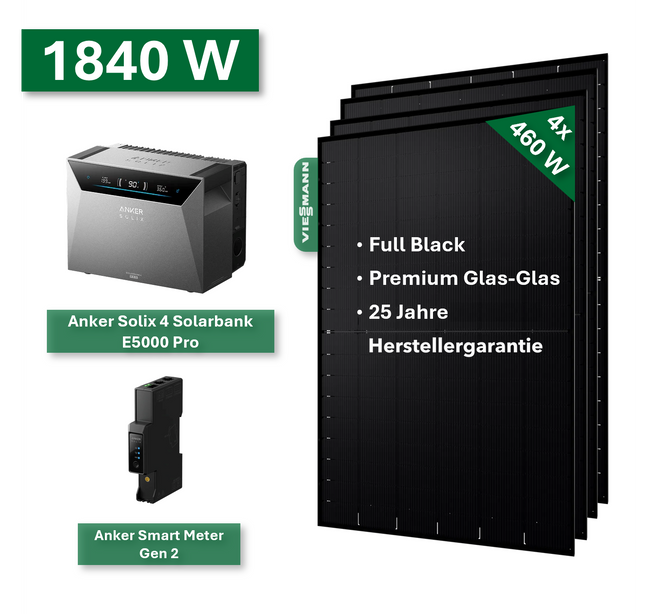 Balkonkraftwerk PLATIN+ 1840/800W mit Anker Solix 4 Solarbank E5000 Pro Speichersystem