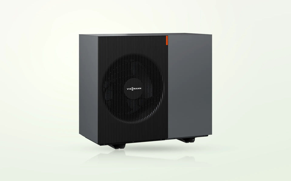 Viessmann Vitocal 200-A intelligent energy: Wärmepumpen-Außeneinheit in Schrägansicht auf hellem Hintergrund
